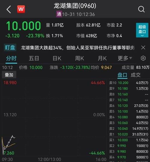 龙湖集团股价一泻千里暴跌超40%