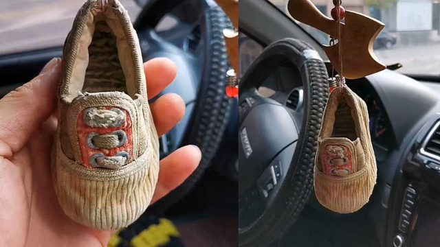 贵州男子将妈妈做的布鞋当汽车挂件